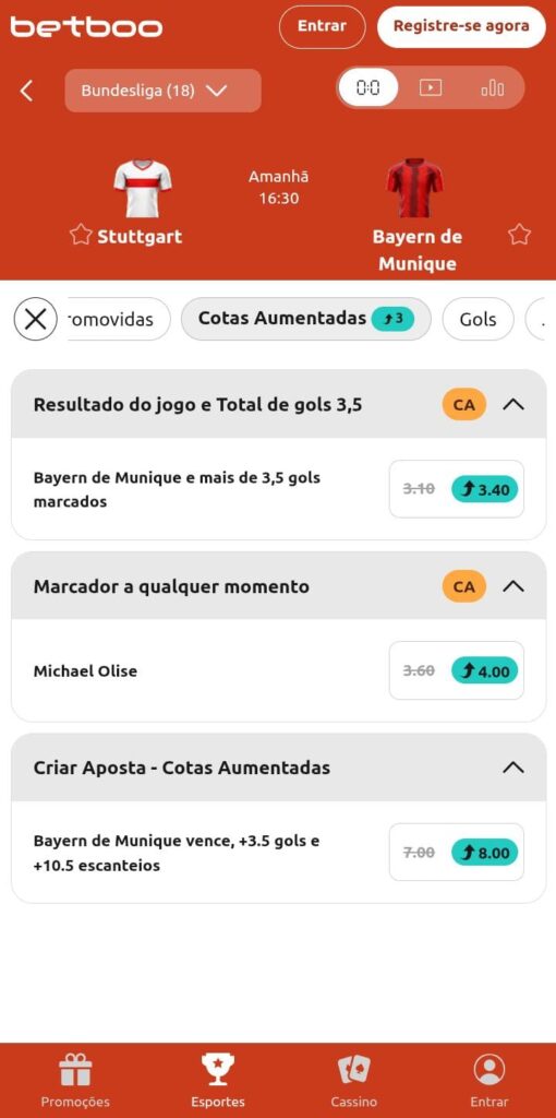 Página de jogo de futebol com cotas aumentadas da Betboo