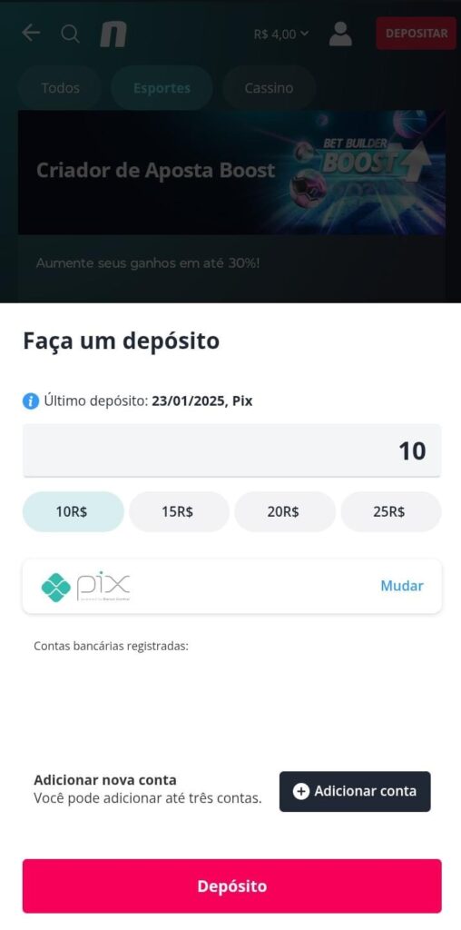 Página de depósitos da Novibet