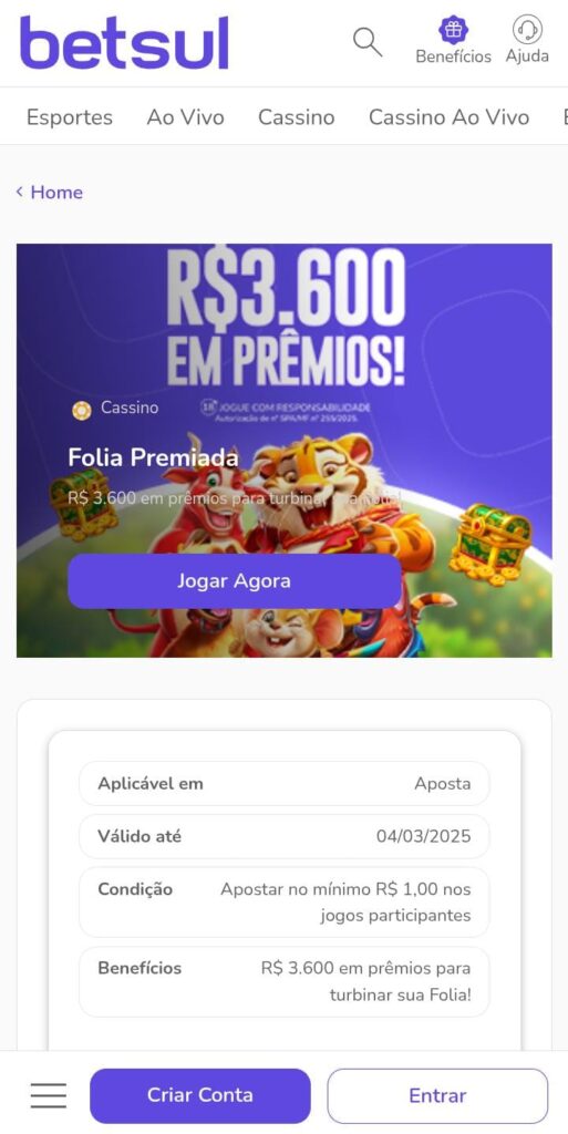 Página do torneio de slots da Betsul