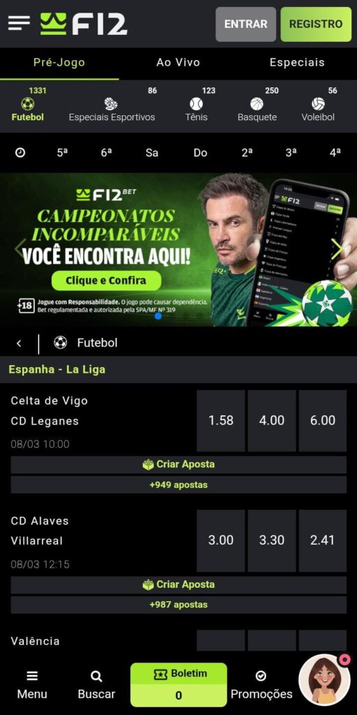 Página da seção de esportes da F12.bet