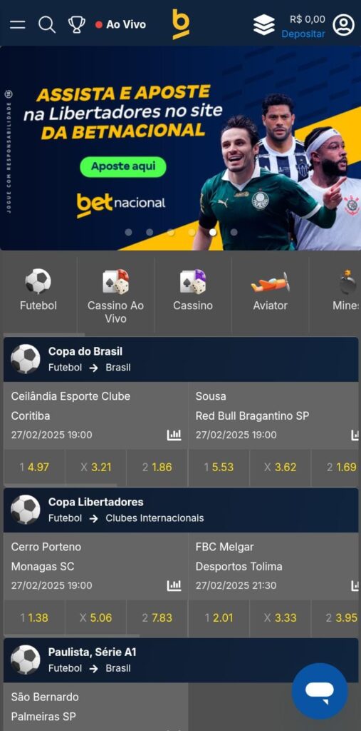 Página da seção de esportes da Betnacional