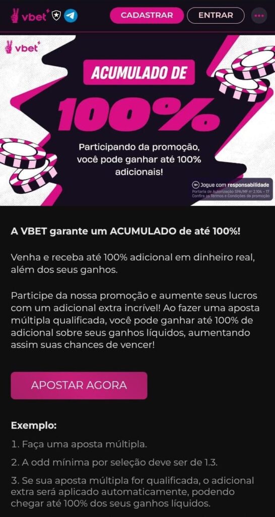 Página do bônus Acumulado de 100% da Vbet