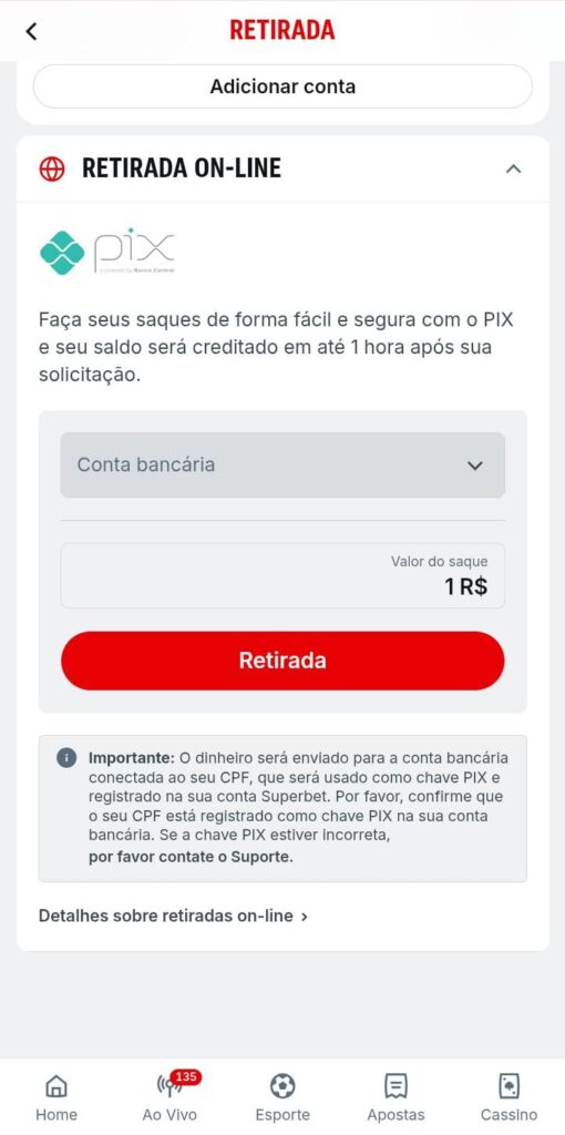 Página da área de saques da Superbet
