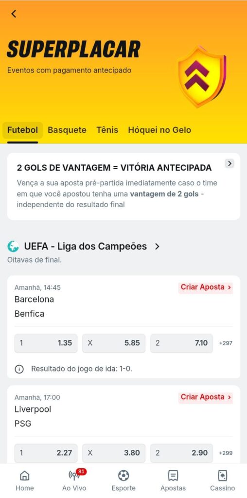 Página do Super placar vitória antecipada da Superbet