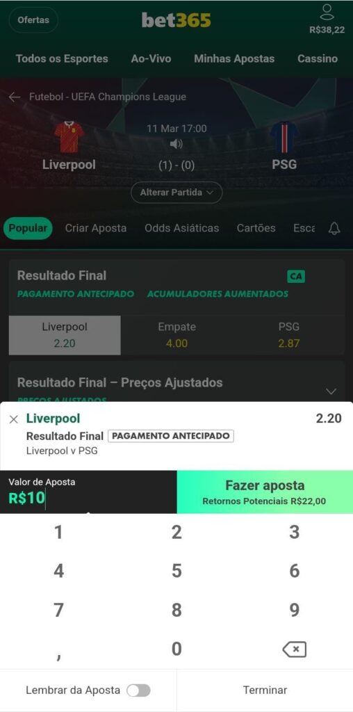 Boletim de apostas com pagamento antecipado na Bet365
