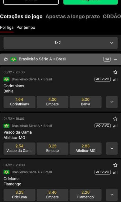 Captura de tela do site da KTO com a tabela do Brasileirão