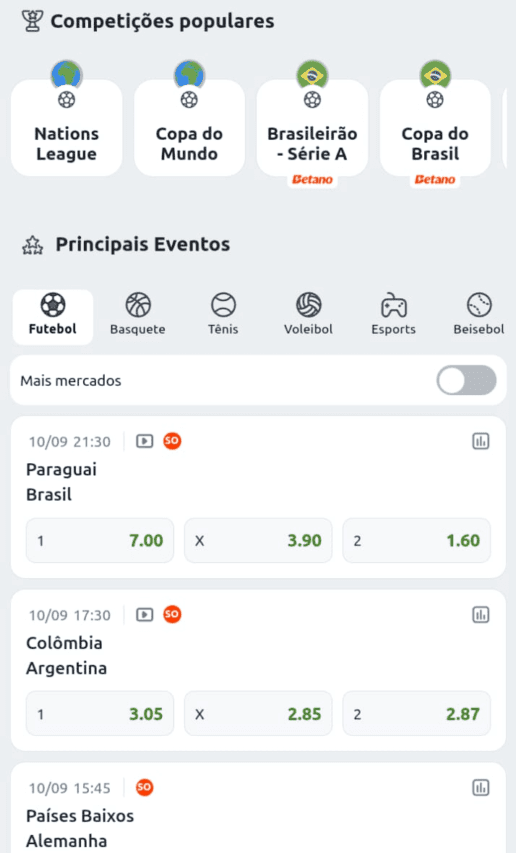 Captura de tela da Betano com os principais eventos