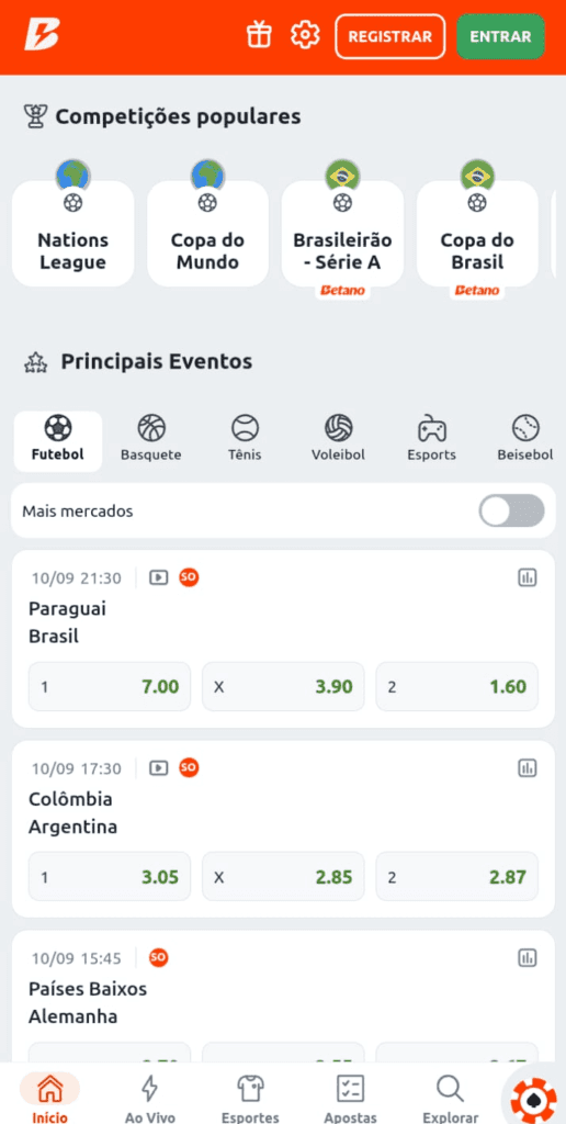 Captura de tela da Betano com os principais eventos