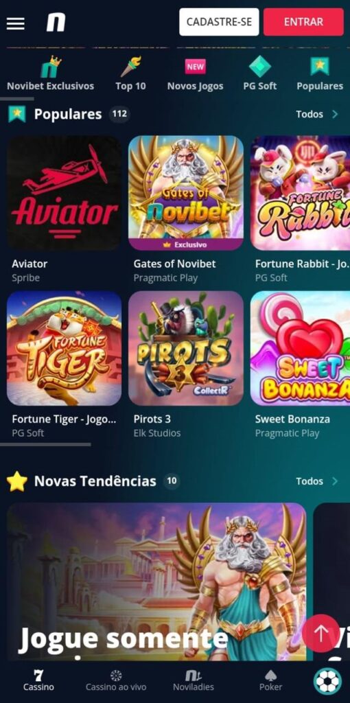 Captura de tela com as Tendências/Populares de Cassino na Novibet
