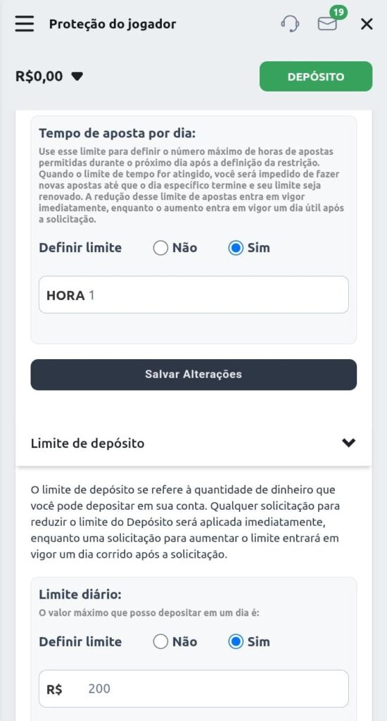 Página das configurações de jogo responsável da Betano