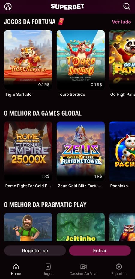 Tela inicial da Superbet com Tigre Sortudo