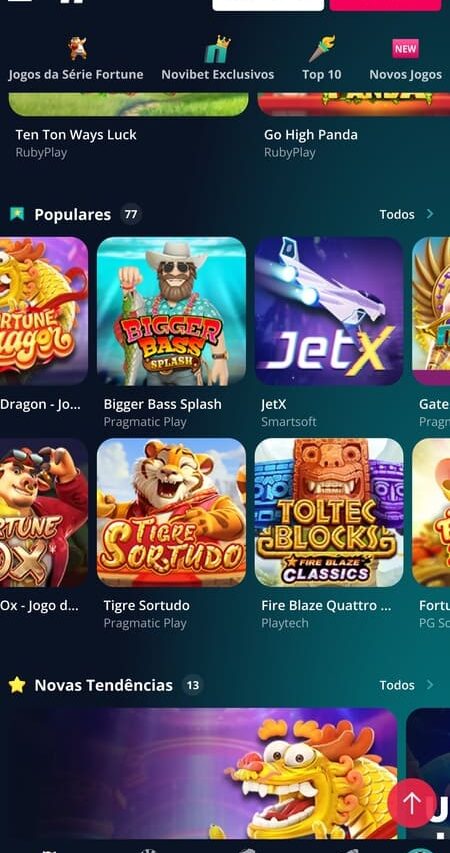 Tela inicial da Novibet com Tigre Sortudo