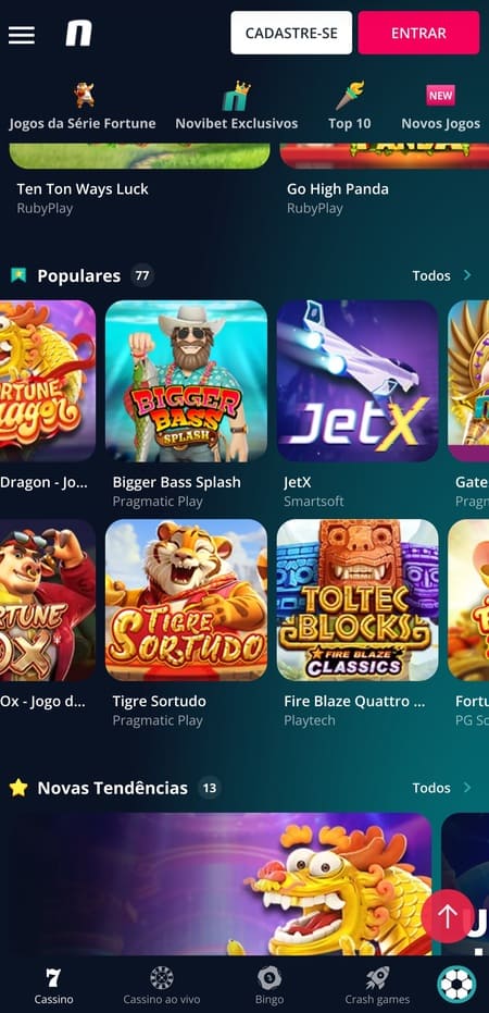 Tela inicial da Novibet com Tigre Sortudo