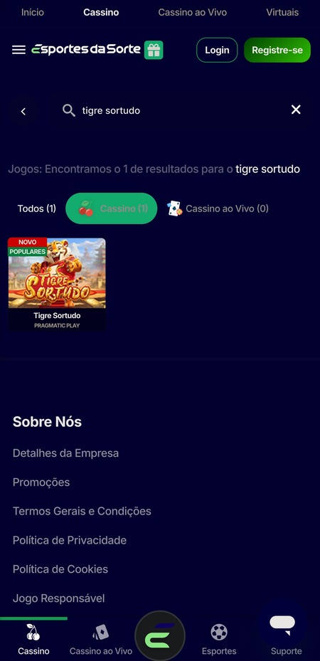 Tela inicial da Esportes da Sorte com Tigre Sortudo