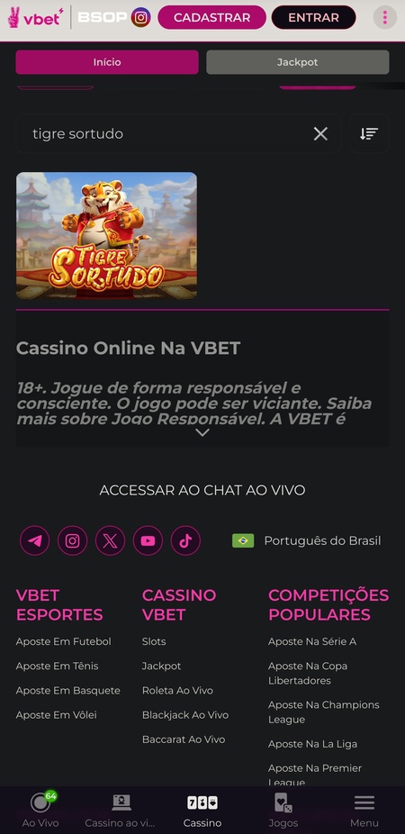 Tela inicial da Vbet com Tigre Sortudo