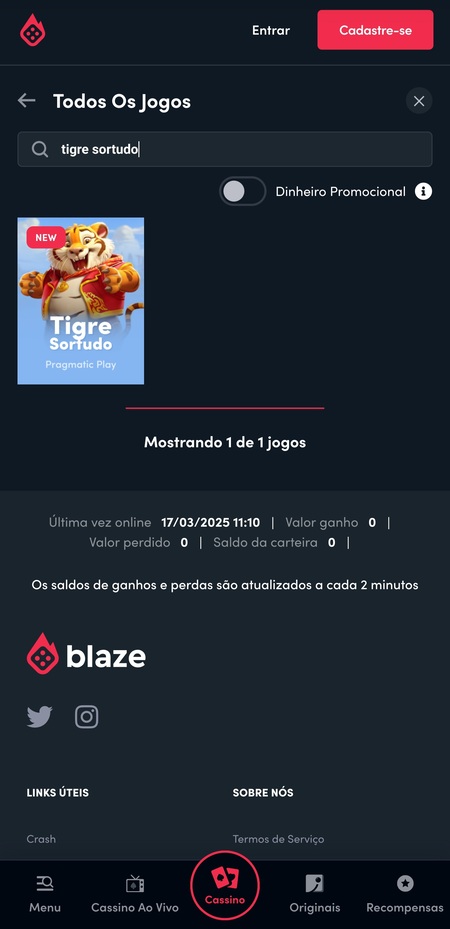 Tela inicial da Blaze com Tigre Sortudo