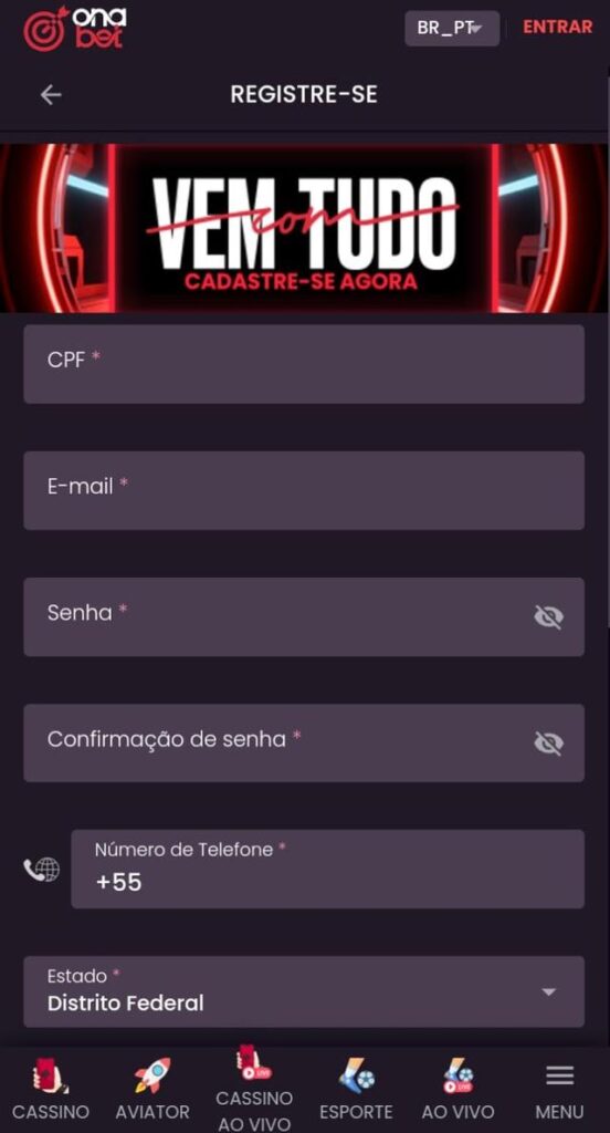 Formulário de cadastro da Onabet