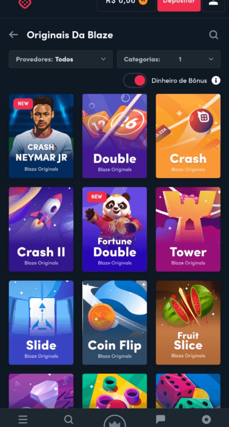 Captura de tela da Blaze com os jogos originais do site