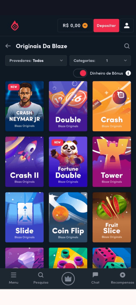 Página dos jogos exclusivos da Blaze
