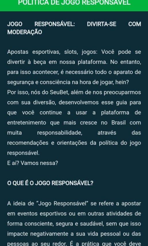 Página sobre Jogo Responsável do site Seubet