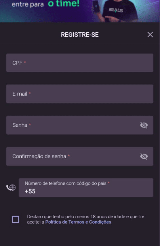 Tela de cadastro da Realsbet