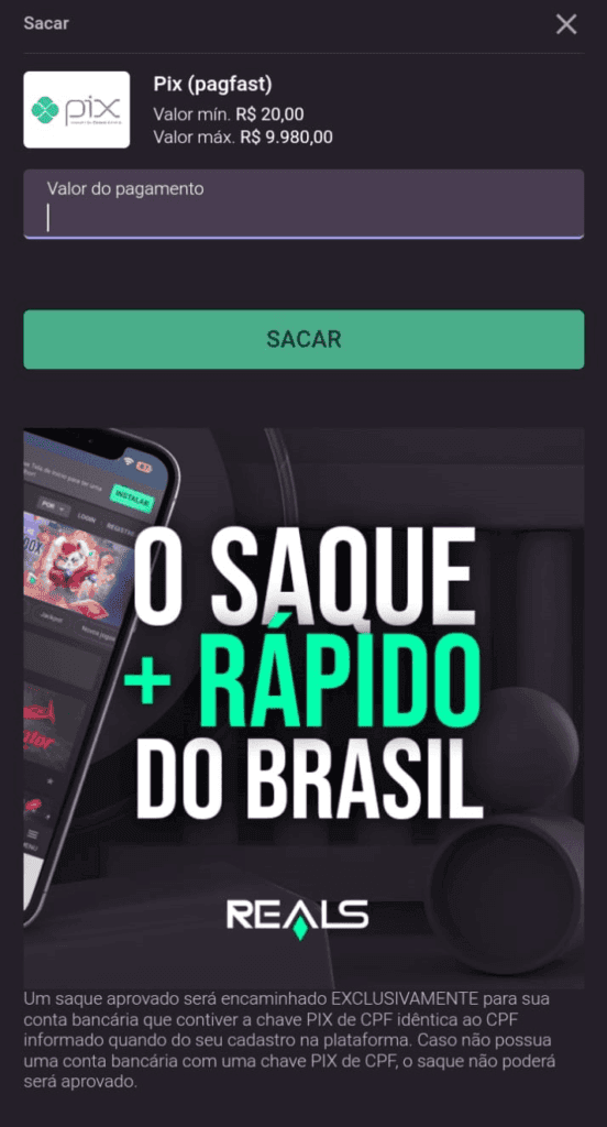 Tela do Saque Rápido na Realsbet