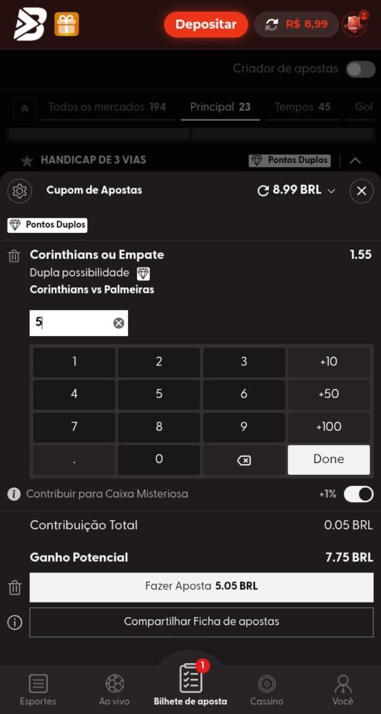 Boletim de apostas para o jogo Corinthians x Palmeiras na BateuBet