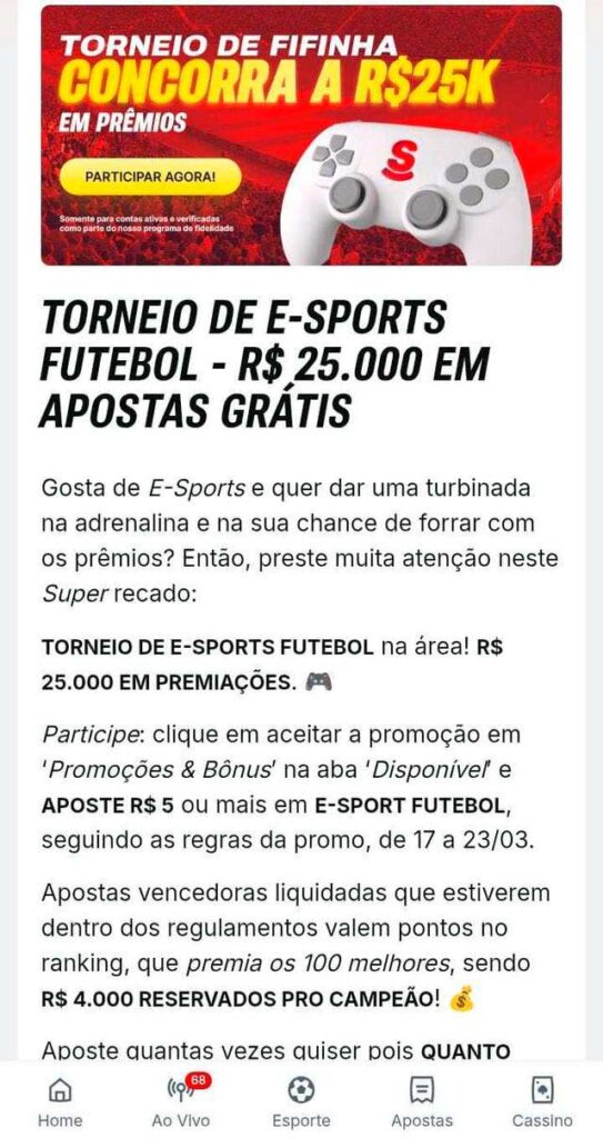 Captura de tela com Torneio da Fifinha no Superbet
