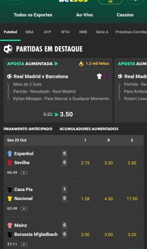 Tela de Esportes na Bet365