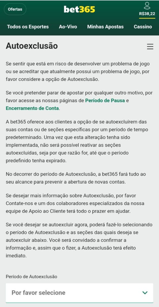 Página da configuração de autoexclusão da Bet365