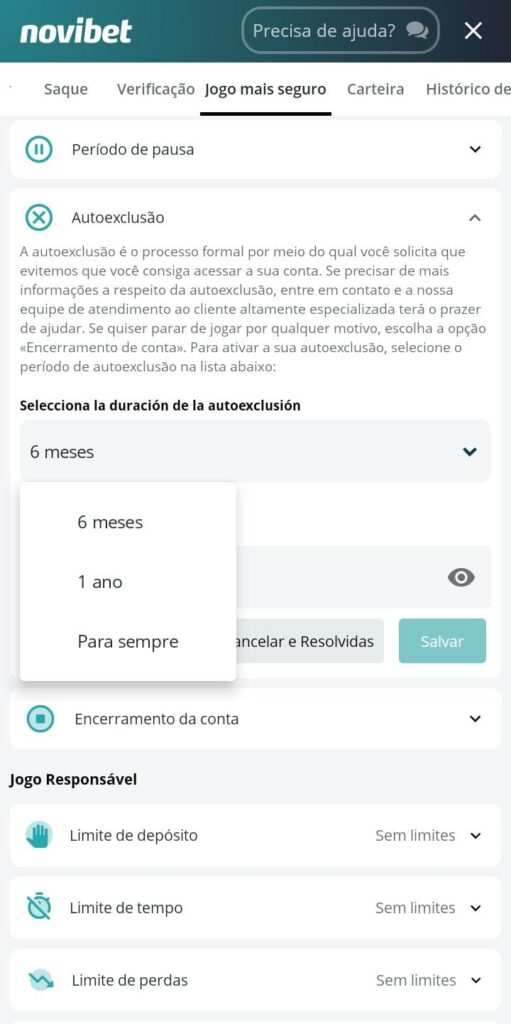 Página da configuração de autoexclusão da Novibet