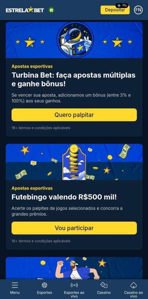 Página das promoções de esportes da Estrela Bet
