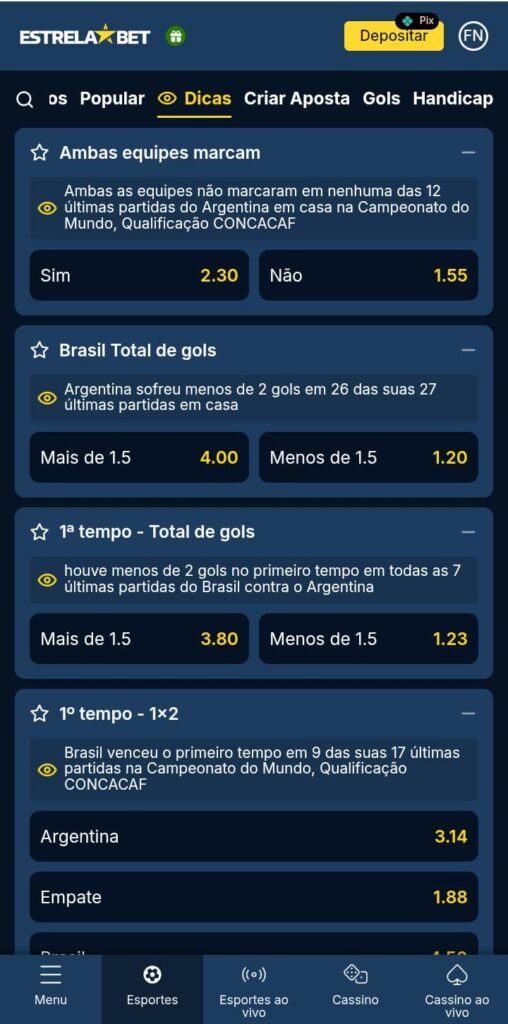 Página de dicas de apostas entre o jogo Argentina x Brasil na Estrela Bet