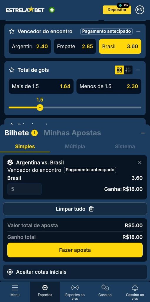 Boletim de apostas entre o jogo Argentina x Brasil na Estrela Bet