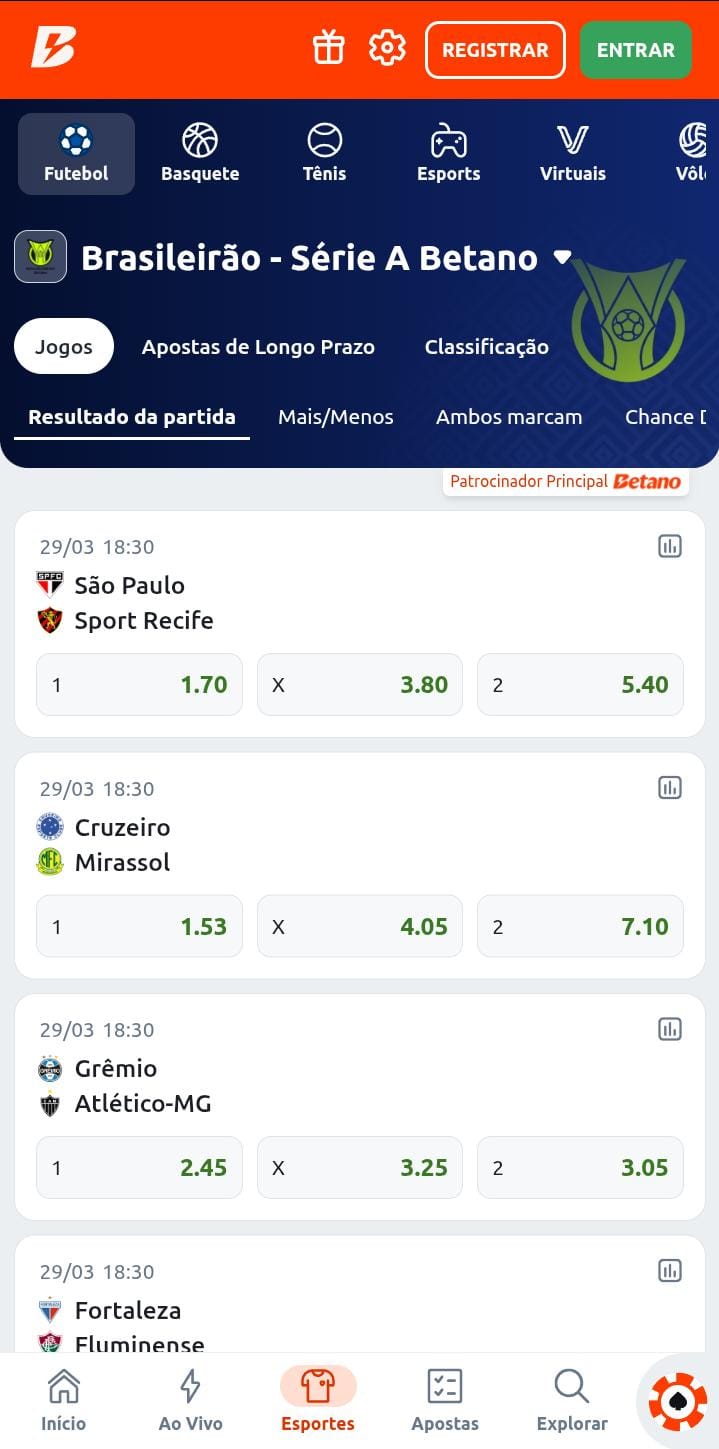 Página de apostas no Brasileirão Série A Betano