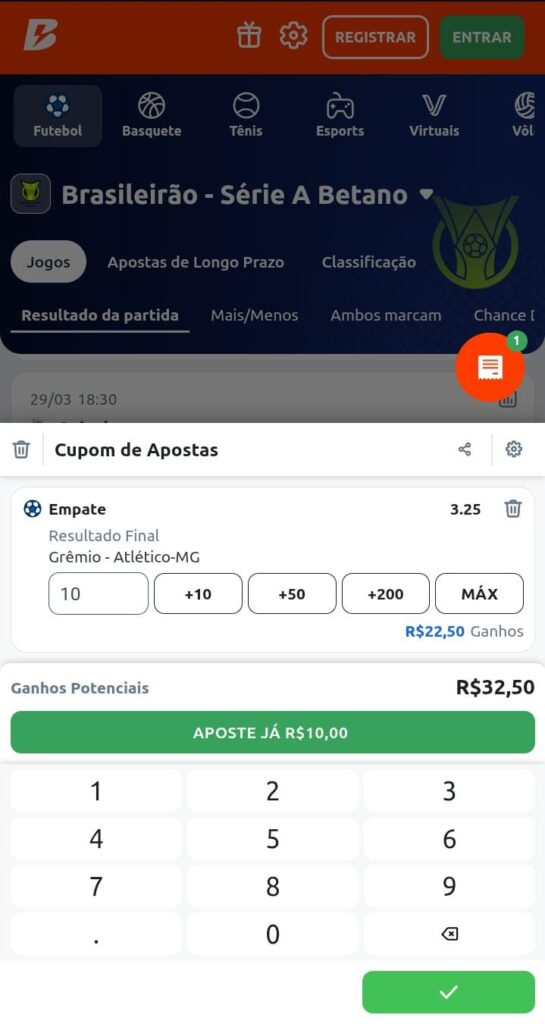Captura de tela de um Cupom de Apostas da Betano