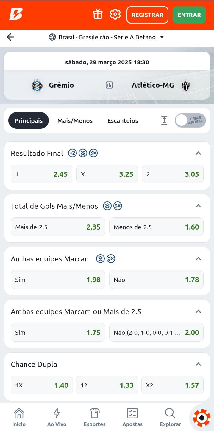 Página de apostas do Grêmio e Atlético-MG do Brasileirão Série A Betano