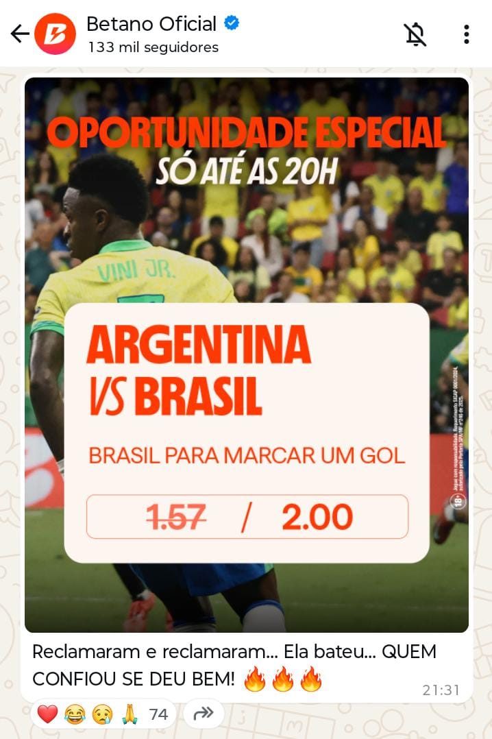 Promoção de odds aumentadas no jogo Brasil x Argentina ofertada no canal de Whatsapp da Betano