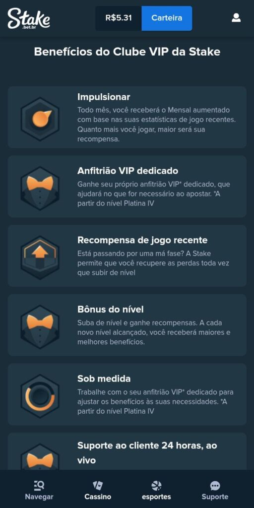 Página do Clube VIP da Stake