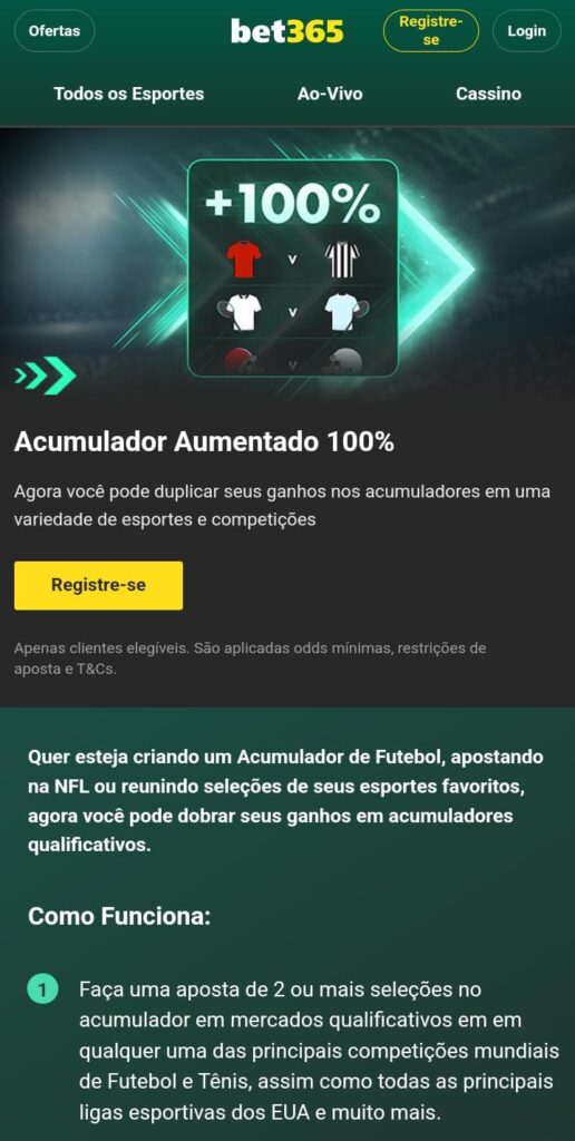 Página da oferta de Acumulador Aumentado 100% da Bet365