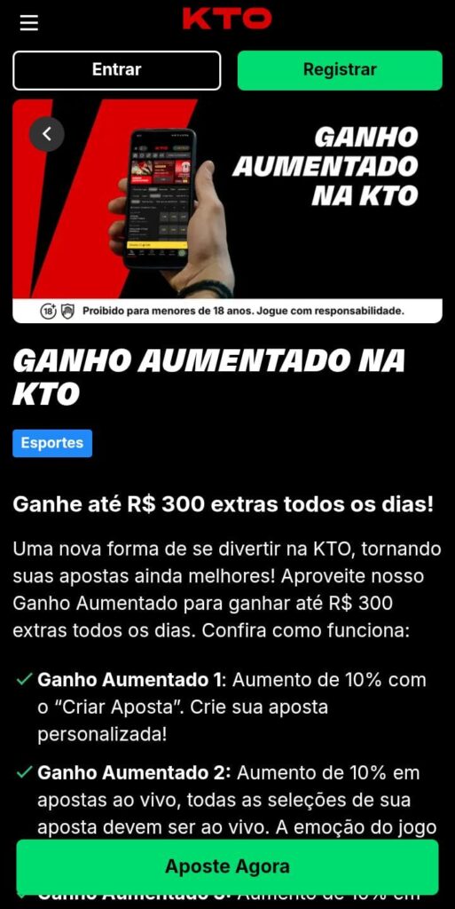 Página da oferta de Ganho Aumentado da KTO
