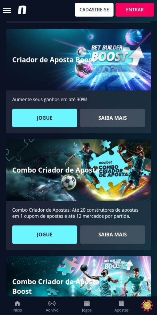 Página de promoções da Novibet