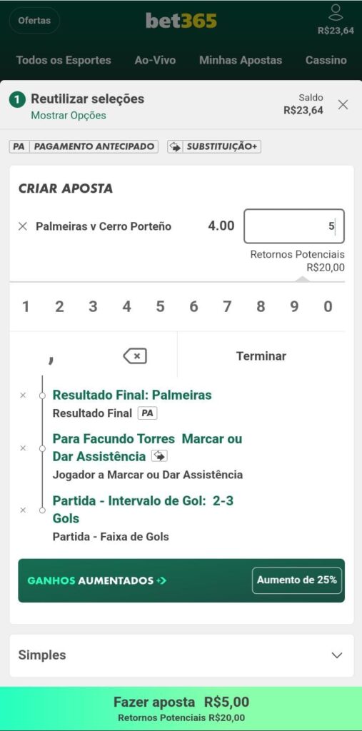 Boletim de aposta com Ganhos Aumentados da Bet365