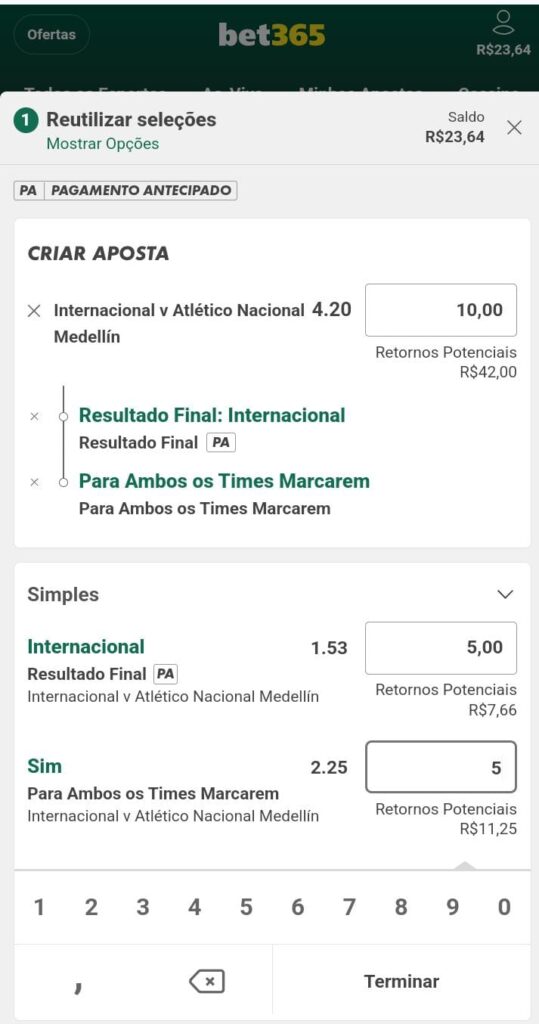 Boletim de apostas de um jogo de futebol na Bet365