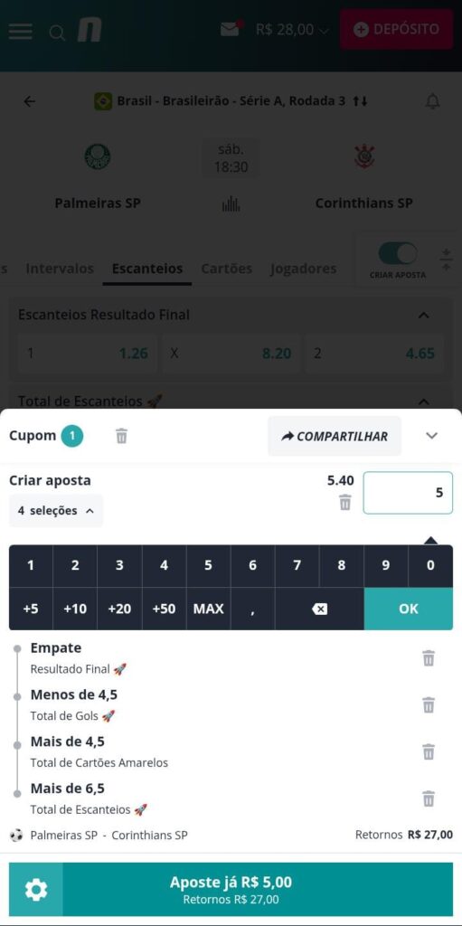 Boletim montado com Criar Apostas na Novibet