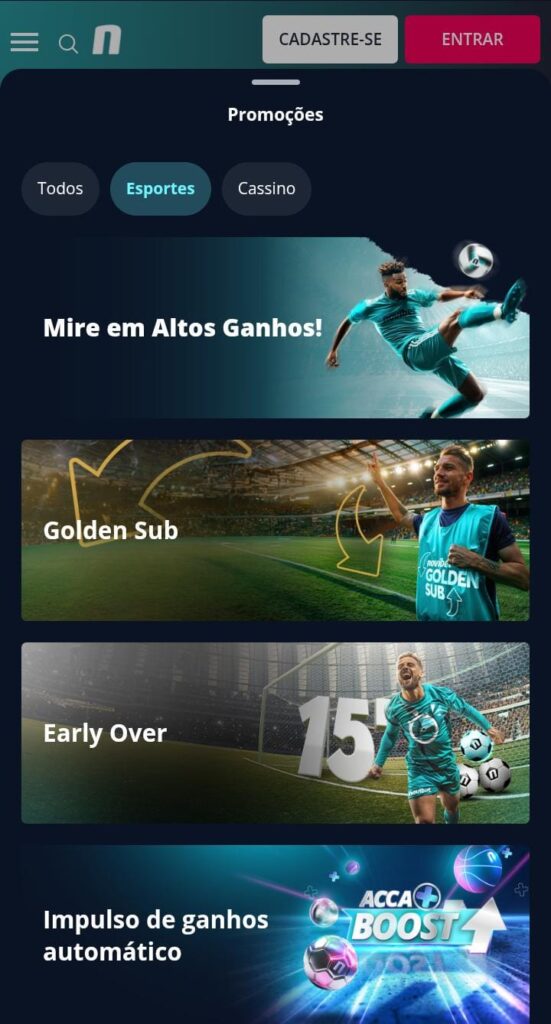 Página dos bônus de esportes da Novibet