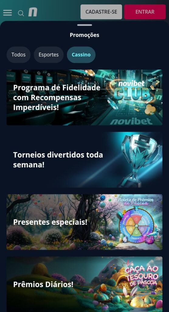 Página dos bônus de cassino da Novibet