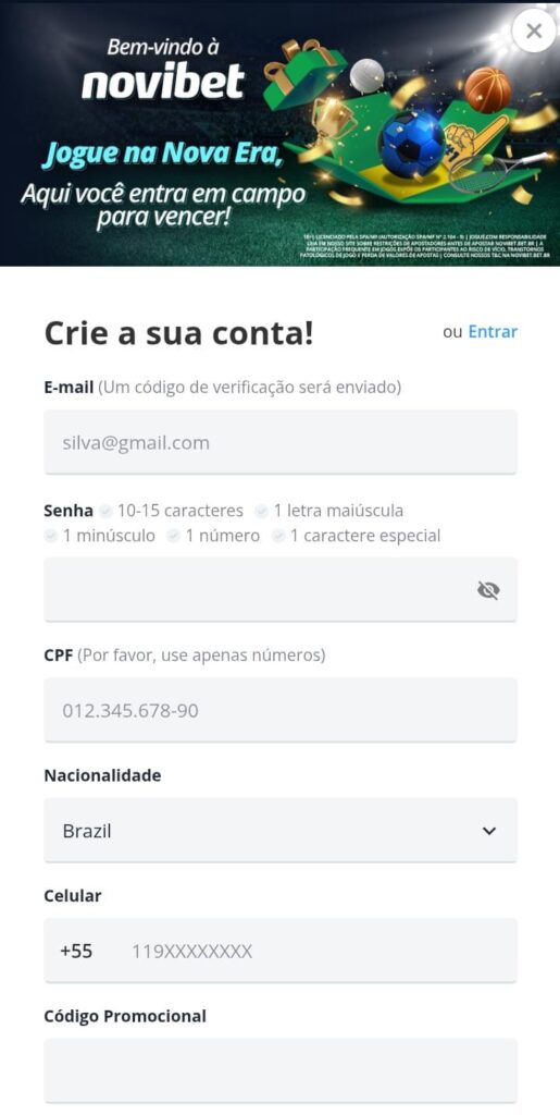 Formulário de cadastro da Novibet