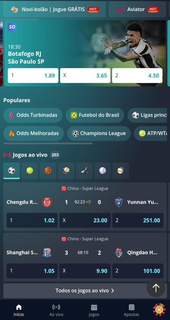 Página inicial da seção de esportes da Novibet