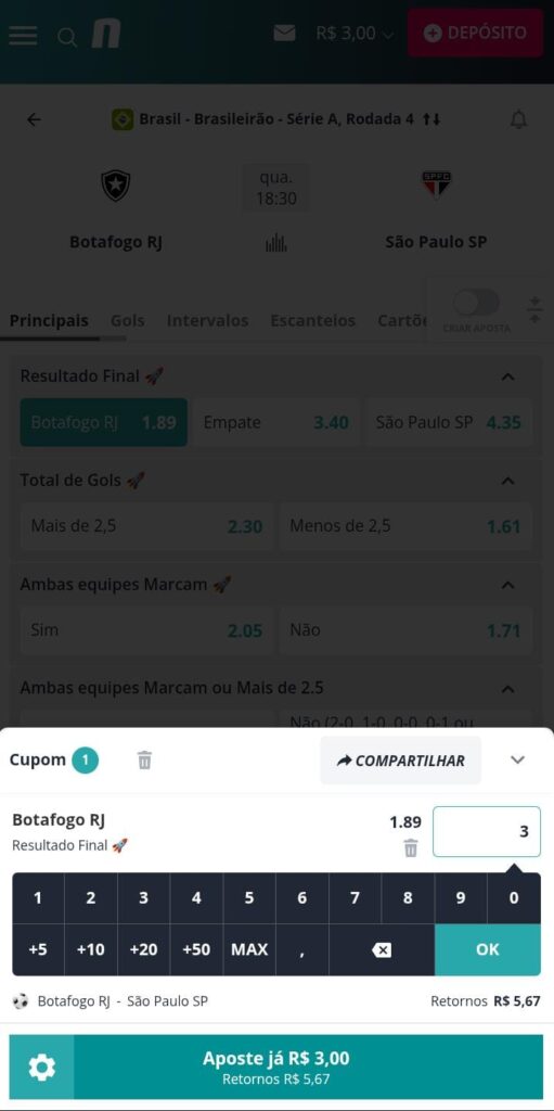 Boletim de apostas de um evento de futebol na Novibet